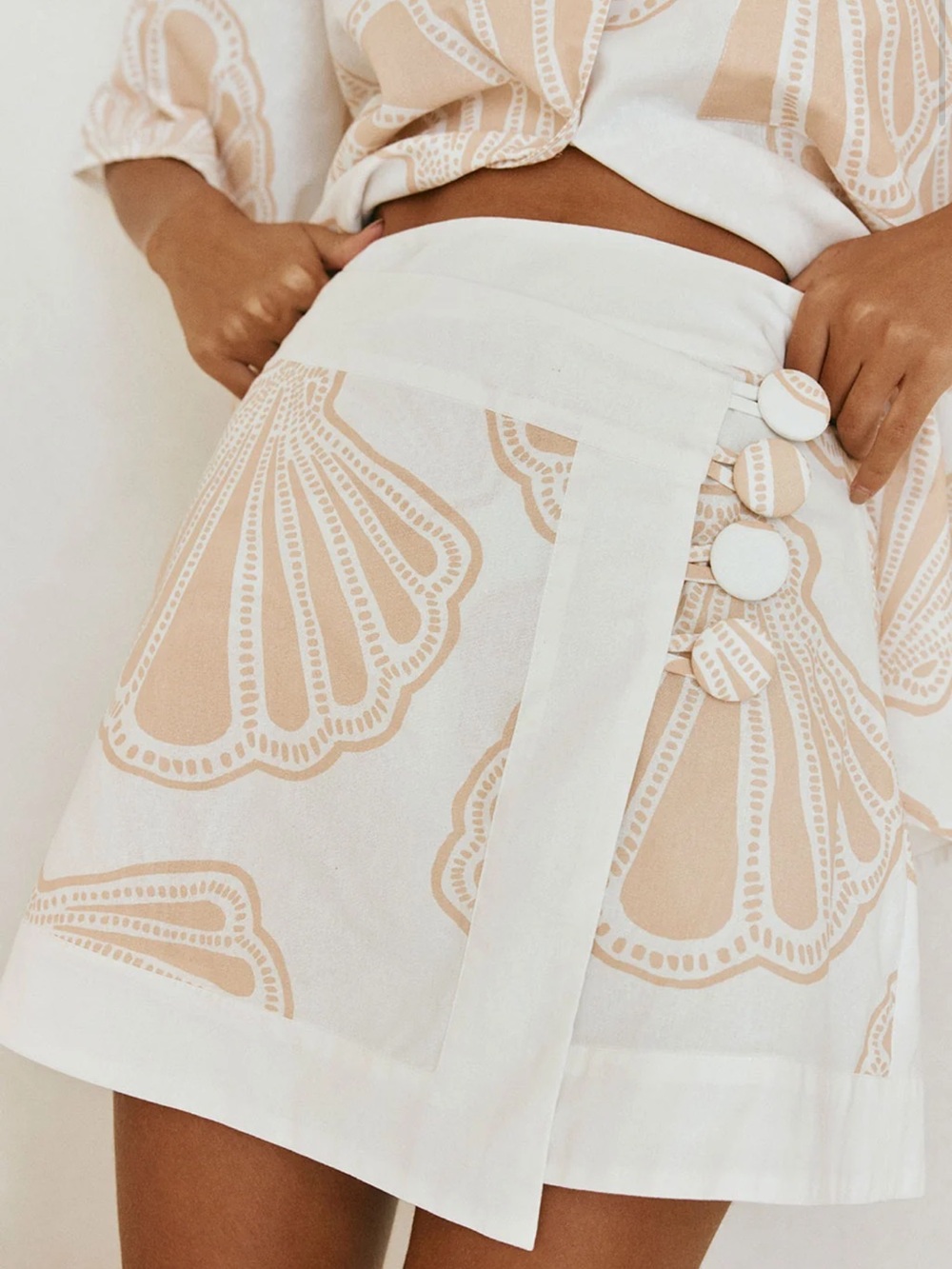 Sabo Beige & White Printed Wrap Mini Skirt